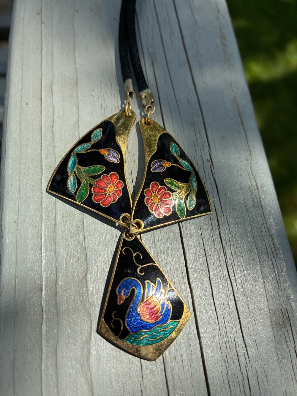 Vintage Cloisonné Swan and Floral Statement Necklace